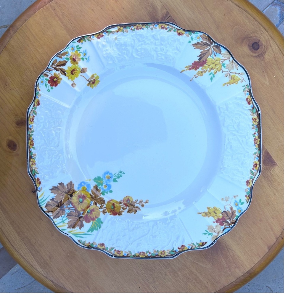 Vintage Autumn Dinner Plate White Scalloped Black Rim Floral Myott Staffordshire